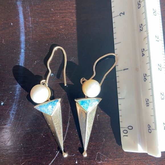 Vintage Gold Earrings Genuine 14K Gold Real Pearl Genuine Opal Artisan Earrings - Picture 10 of 16